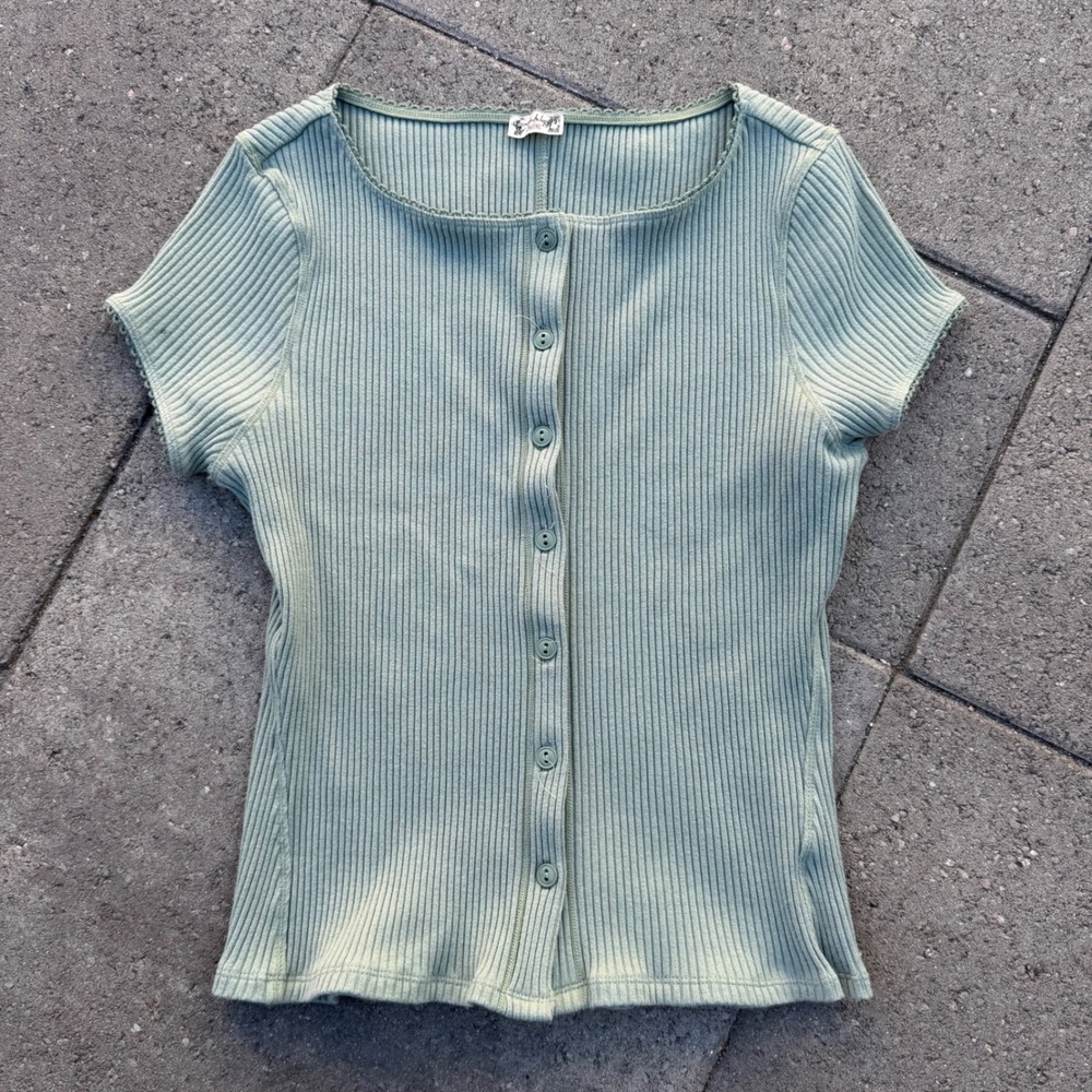 Intimately Free People Sage Green Ribbed Lace Trim Button Front Top XL